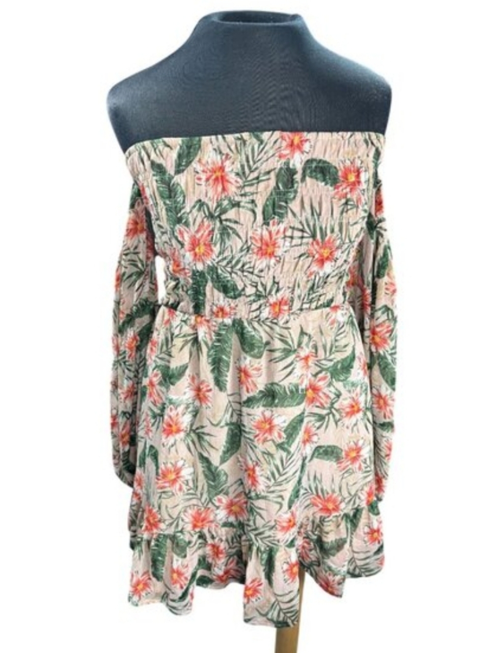 Floral Off-the-Shoulder Long-Sleeve Mini Dress - Beige Floral